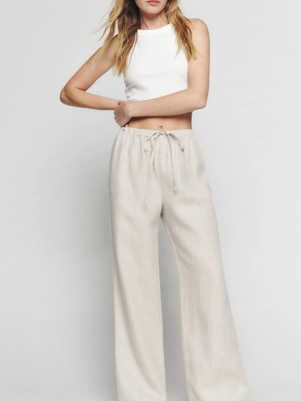 Reformation Neutral Wide-Leg Drawstring Pants in Natural